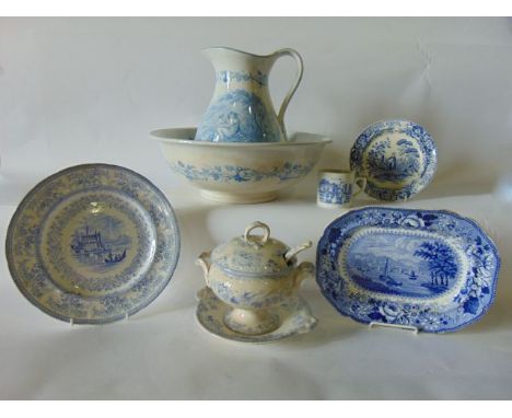 An early 19th century blue and white printed meat plate of oval form showing a view of the Thames at Richmond Bridge surround