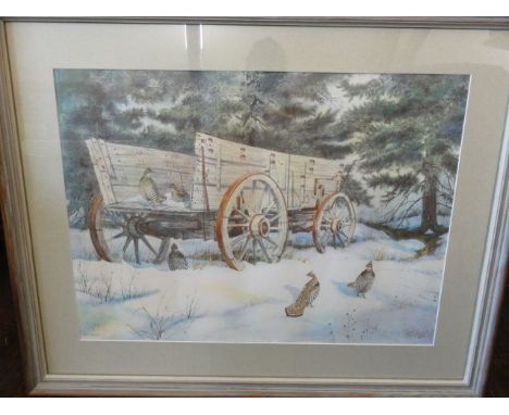 A large coloured print of a winter scene with partridges beside a wagon, after Herb Booth, 49 x 67 cm approx together with a 