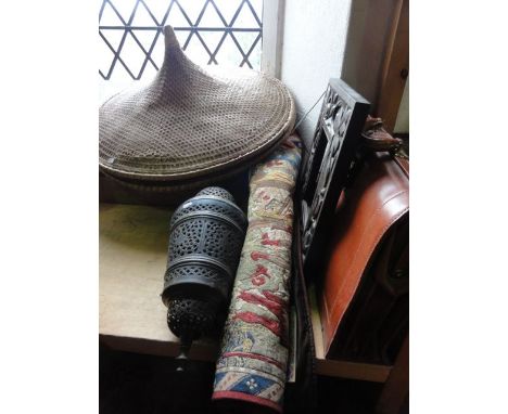 A vintage stitched leather briefcase, an Eastern pierced brass ceiling hanging lantern, a contemporary French wall hanging ta