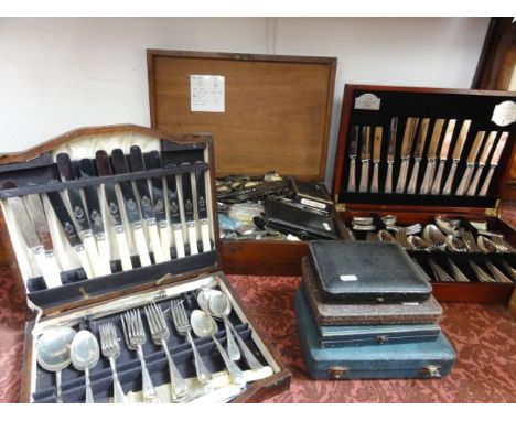A mahogany carrying case with flush brass handles containing a quantity of mixed silver plated flatware including boxed pair 