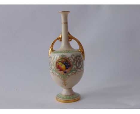 A Royal Worcester ivory ground two handled vase with drawn neck, with circular central panel of apples and grapes, signed bot