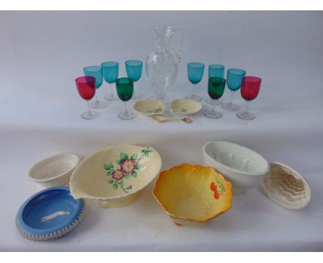 A collection of eight 19th century drinking glasses with green coloured bowls together with two cranberry glass examples, a g