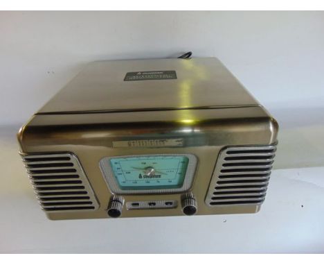 A Steepletone Authentic Reproduction record player with metallic case