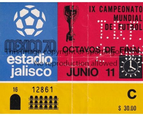 1970 WORLD CUP MEXICO / ENGLAND       Ticket for Jalisco 11/6/1970, England v Czechoslovakia, creased.    Fair to generally g