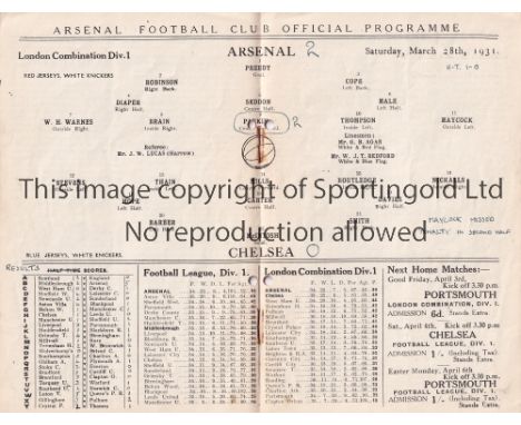 ARSENAL V CHELSEA 1931       Programme for the Reserve team London Combination match at Arsenal 28/3/1931 with 2 punched hole