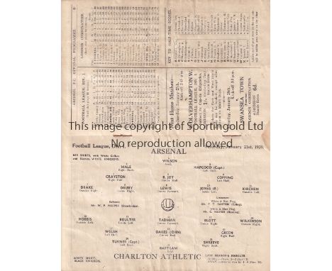 ARSENAL V CHARLTON ATHLETIC 1939     Programme for the League match at Arsenal 21/1/1939, slightly creased.    Generally good