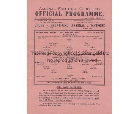 ARSENAL V CHARLTON ATHLETIC 1942    Single sheet programme for the Arsenal home London War League match 17/1/1942, slightly c