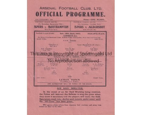 ARSENAL V LUTON TOWN 1942     Single sheet programme for the Arsenal home FL South match 19/9/1942, slightly creased and 2 ti