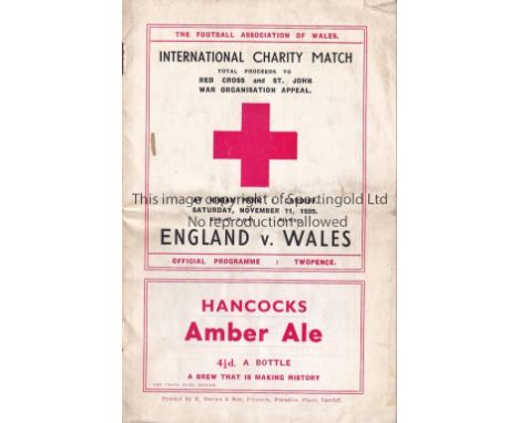 WALES - ENGLAND 1939  Wales home programme v England, 11/11/1939 at Ninian Park, Cardiff, International Charity Match, twelve