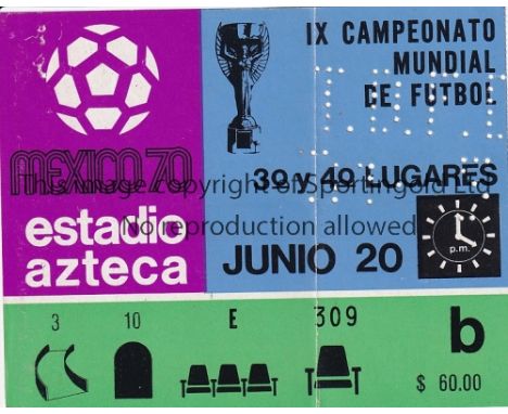 1970 WORLD CUP MEXICO     Ticket for Aztec Stadium 20/6/1970 for the 3/4th Play-Off, Uruguay v West Germany, slight vertical 