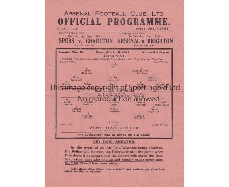 ARSENAL V WEST HAM UNITED 1942     Single sheet programme for the Arsenal home London War Cup match 6/4/1942, slightly crease