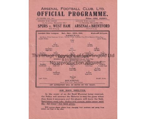 ARSENAL V READING 1941     Single sheet programme for the Arsenal home London War League match 29/11/1941, slightly creased a