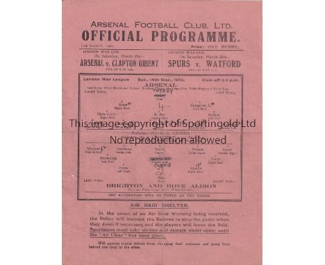 ARSENAL V BRIGHTON &amp; HOVE ALBION 1942     Single sheet programme for the Arsenal home London War League match 14/3/1942, 