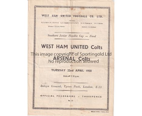 WEST HAM V ARSENAL 1958     Programme for the Southern Junior Floodlit Cup Final at West Ham 22/4/1958, folded in four.   Fai