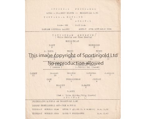 TOTTENHAM - ARSENAL 54   Single sheet Tottenham home programme for Eastern Counties League game v Arsenal., 27/9/54, played a