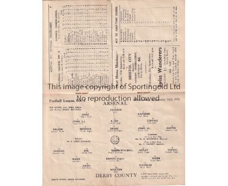 ARSENAL V DERBY COUNTY 1938     Programme for the League match at Arsenal 14/9/1938, horizontal crease.   Generally good
