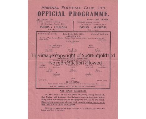 ARSENAL V READING 1942     Single sheet programme for the Arsenal home FL South match 24/10/1942, creased and 2 tiny holes.  