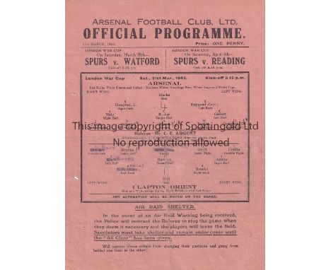 ARSENAL V CLAPTON ORIENT 1942     Single sheet programme for the Arsenal home London War Cup match 21/3/1942, folded, slightl
