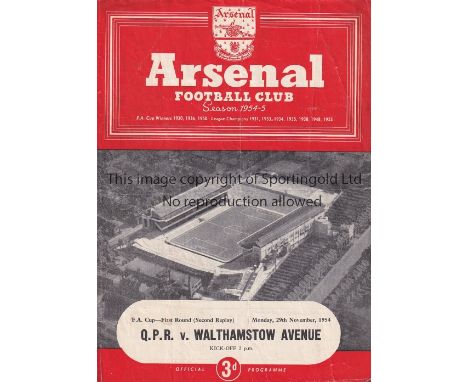 AT ARSENAL : QPR V WALTHAMSTOW 1954     Programme for the FA Cup 1st Round 2nd Replay at Arsenal FC, QPR v Walthamstow Avenue