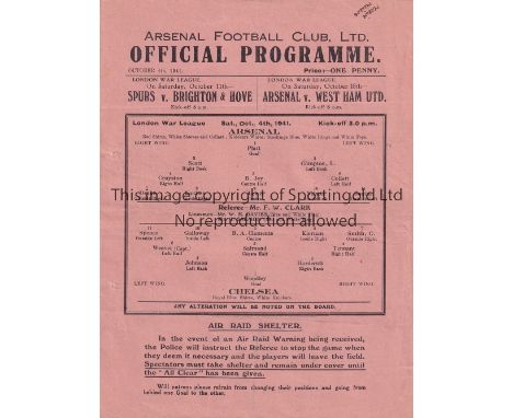 ARSENAL V CHELSEA 1941     Single sheet programme for the Arsenal home London War League match 4/10/1941, slightly creased an