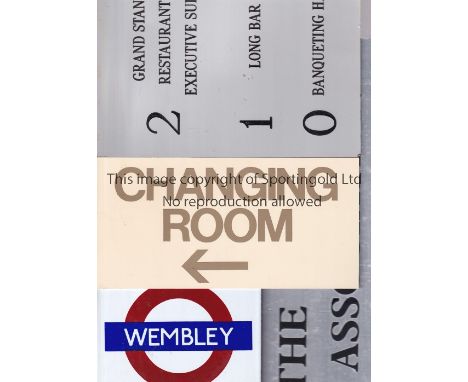 OLD WEMBLEY STADIUM MEMORABILIA     Four small signs: The Football Association Working Area, small metal Wembley underground 