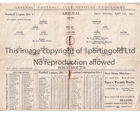 ARSENAL V PORTSMOUTH 1931     Programme for the League match at Arsenal , v Portsmouth,  6/4/1931 in their first Championship