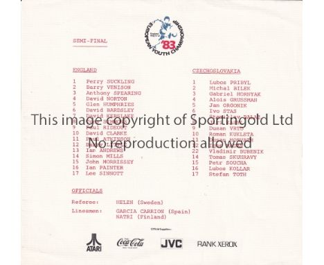 AT ARSENAL : ENGLAND V CZECHOSLOVAKIA 1983       Single sheet programme for the European Youth Championship 1983 Semi-Final a