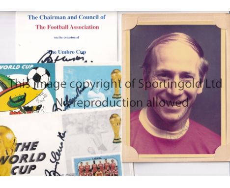 BOBBY CHARLTON AUTOGRAPHS      Five signed items: A 7" X 5" colour portrait, 3 X The World Cup First Day Covers and menu for 