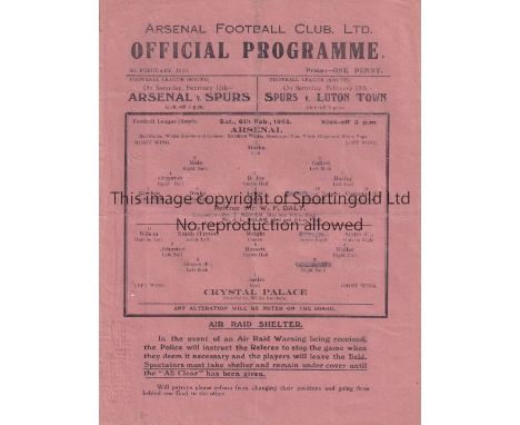 ARSENAL V CRYSTAL PALACE 1943    Single sheet programme for the Arsenal home FL South match 6/2/1943, slightly creased, team 