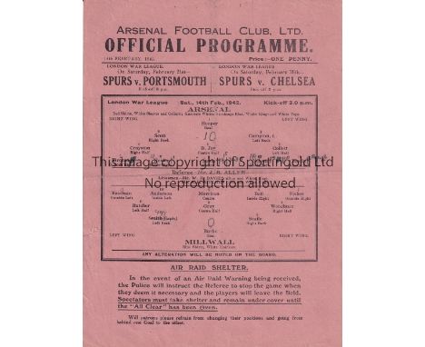 ARSENAL V MILLWALL 1942     Single sheet programme for the Arsenal home London War League match 14/2/1942, folded, team chang