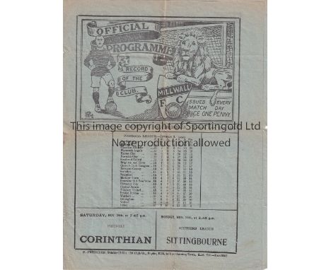 NEUTRAL AT MILLWALL 1927        Programme for Amateurs v Professionals 21/11/1927, folded and wear at the tears. Players for 