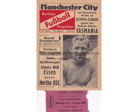 MANCHESTER CITY v BERLIN TASMANIA 1959    Programme and scarce ticket for Berliner Fussball, Tasmania 1900 Berlin v Mancheste