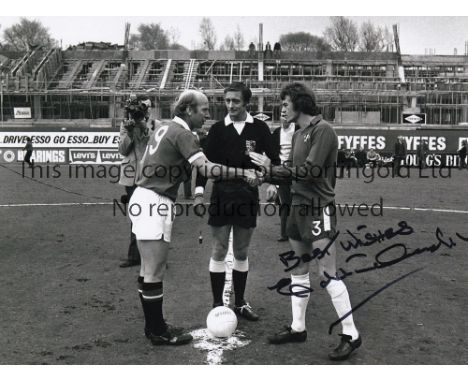 EDDIE MCCREADLE   Autographed b/w 8 x 6 photo, showing the Chelsea captain shaking hands with Bobby Charlton in the centre-ci