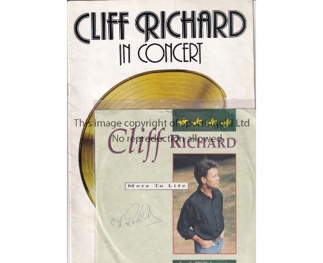 CLIFF RICHARD AUTOGRAPH      A small collection of items. Heathcliff Live CD boxed set signed in gold on the cover. A 45rpm s