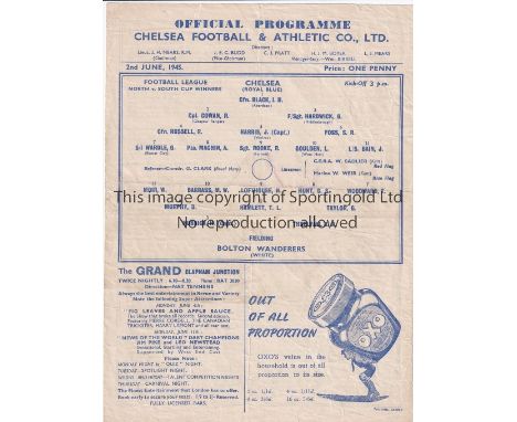 WAR CUP CHALLENGE 45  Chelsea single sheet home programme, Chelsea v Bolton, 2/6/45, Challenge match between War Cups North a