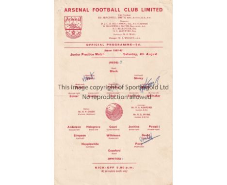 ARSENAL PUBLIC PRACTICE 1962    Single card programme for the Junior and Senior matches 4/8/1962, horizontal crease, team cha