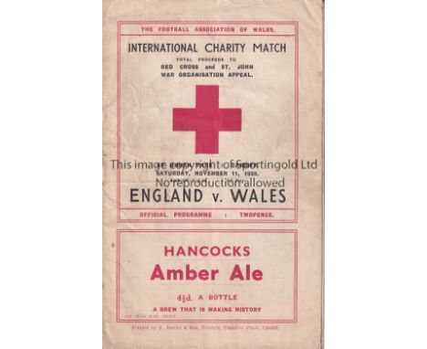 WALES - ENGLAND 1939    Wales home programme v England, 11/11/1939 at Ninian Park, Cardiff, Charity match, England included W