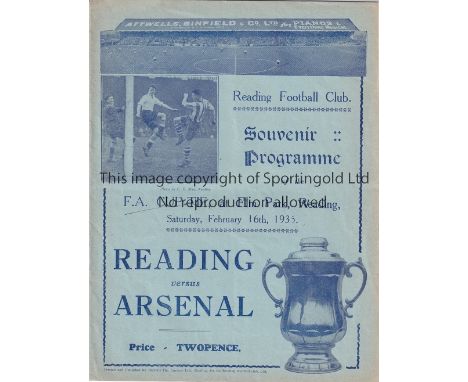 READING - ARSENAL 1935 CUP   Reading home programme v Arsenal, 16/2/1935, Cup, Arsenal won 1-0, score noted neatly, staples r