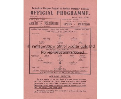 TOTTENHAM HOTSPUR V ARSENAL 1941    Single sheet programme for the London War League match at Tottenham 27/12/1941, folded, s