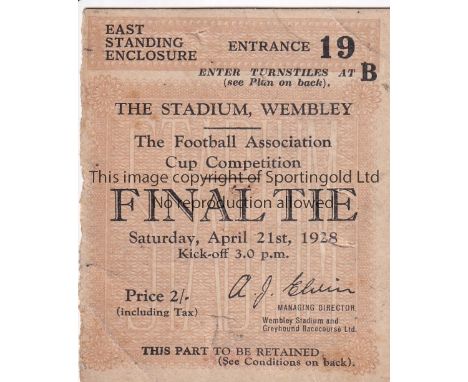 1928 CUP FINAL   Match ticket, 1928 Cup Final, standing ticket, slight creases.  Fair-generally good