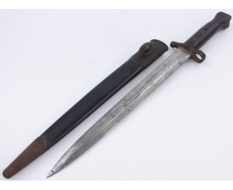 A Second Boer War Period Bayonet in leather/iron scabbard,
by Mole, blade length 11.9", 17.25" overall.