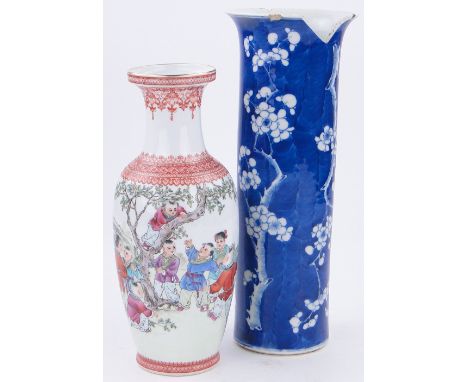 A Chinese porcelain vase,
depicting children playing, 12", and a prunus decorated vase, (2).