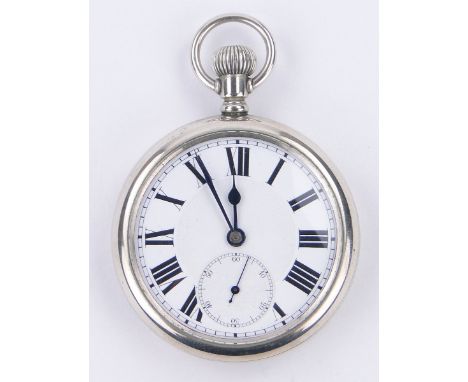 A nickel case topwind railway pocket watch,
with screw-on back and enamel dial, case width 50mm.