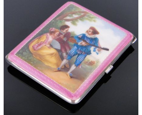 A fine quality German silver and enamel cigarette case circa 1900,
the front cover having a hand painted scene depicting men 