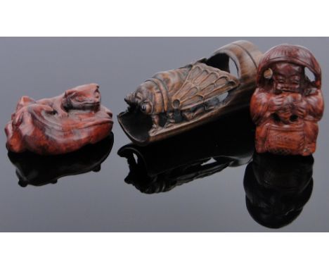 Carved fruit wood insect netsuke, length 2.4",
and 2 other carved fruit wood netsukes, (3).