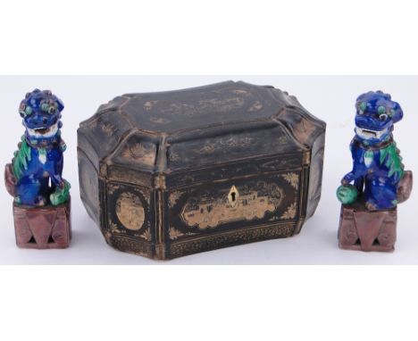 A Chinese lacquer tea caddy,
with fitted interior, length 9.5" and a pair of dogs of fo.