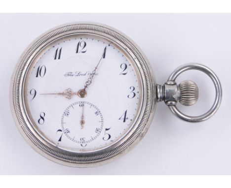 A nickel case topwind railway pocket watch,
with enamel dial, case width 58mm.