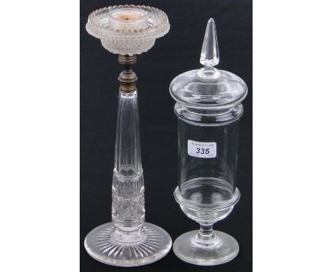 A cut-glass Clarke's night light stand,
12.5" and a lidded glass sweet jar. 