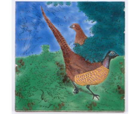 Antique ceramic tile,
with painted design of pheasants, 8" across.