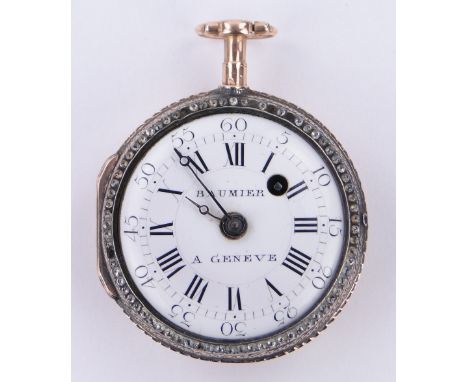 A 19th century Swiss gold diamond and enamel pocket watch,
by Baumier of Geneva, the rear cover having an inset hand painted 